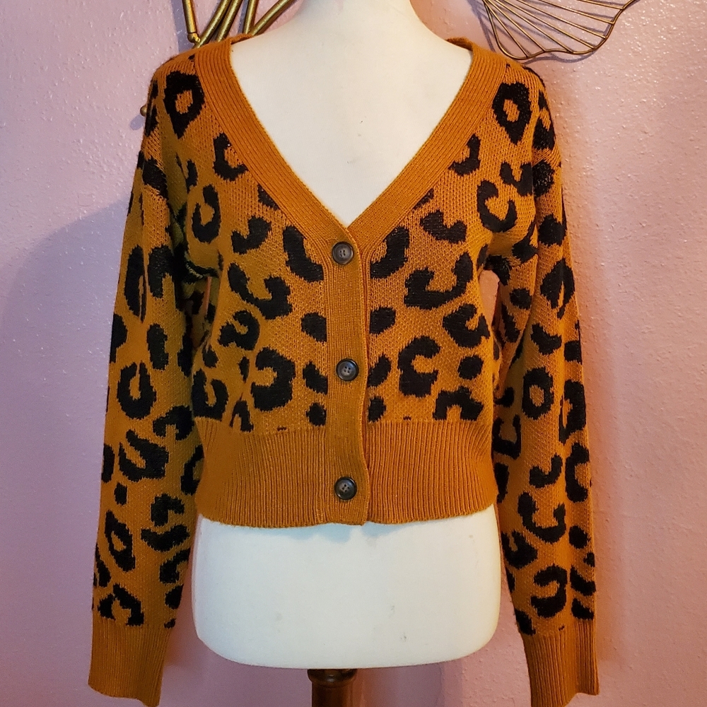 Lumiere Orange Tan Leopard Print Button Up Sweate… - image 1